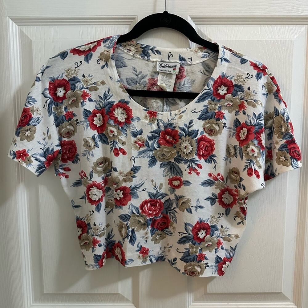 💥Vintage EnChante Floral Red White Blue Tan Blouse Womens size Small made in USA